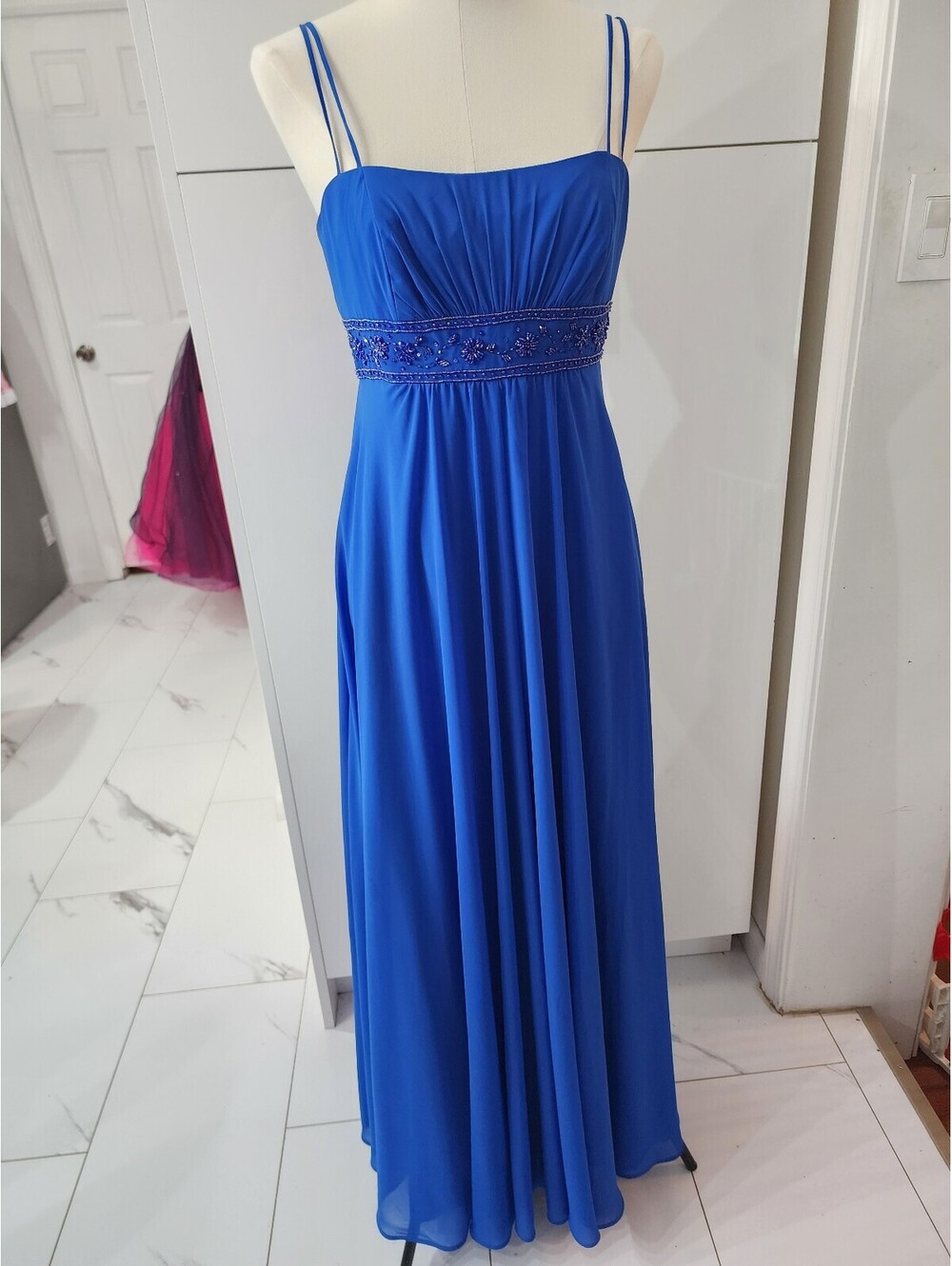 David's Bridal Royal Blue Beaded Waist Spaghetti Strap Evening Gown Size 6